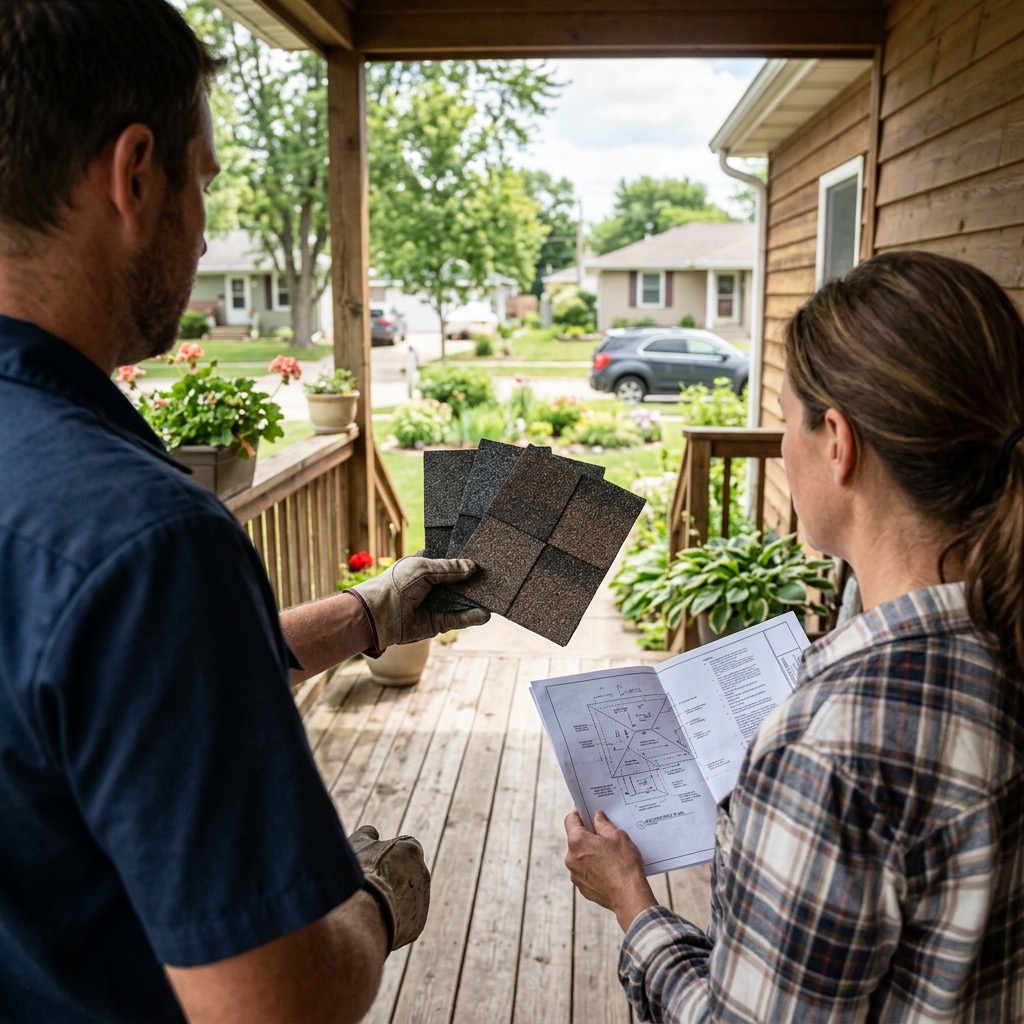 Professional roofing contractor reviewing plans with homeowner
