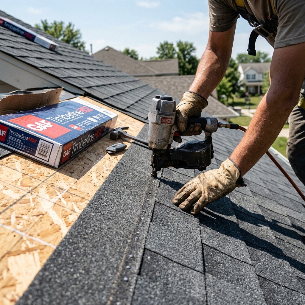 Close-up of a roofing crew installing dimensional asphalt shingles during a project in Aurora, IL