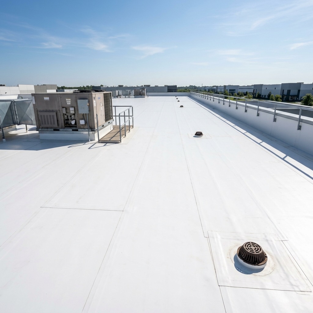 Commercial flat roof installation with white TPO membrane