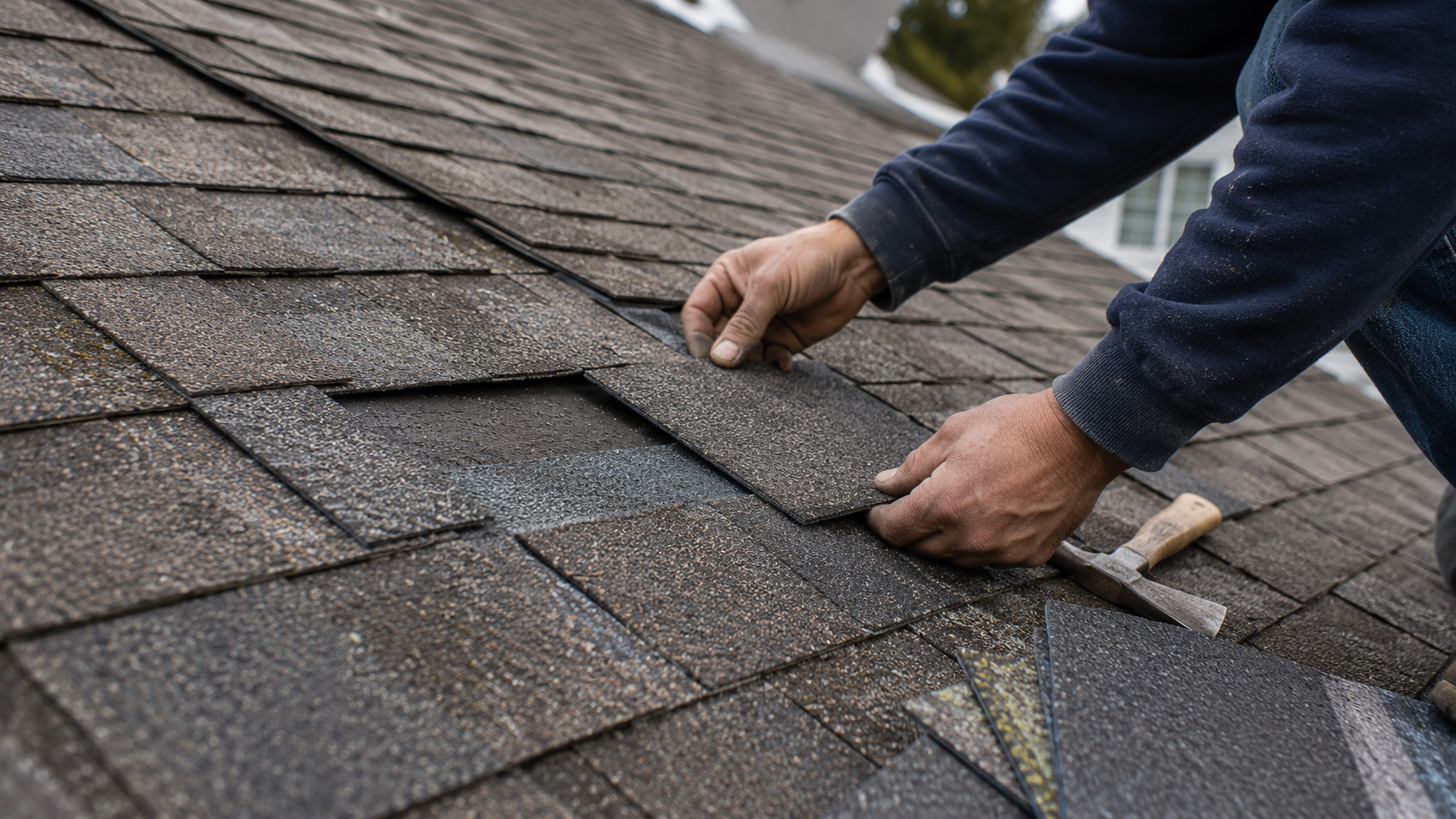 Roofer performing a shingle repair on a residential roof in Naperville