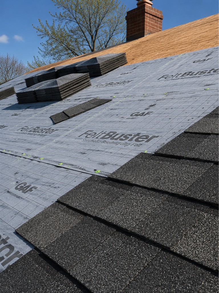 Chimney step flashing and underlayment detail during a roof replacement — Wheaton, IL project