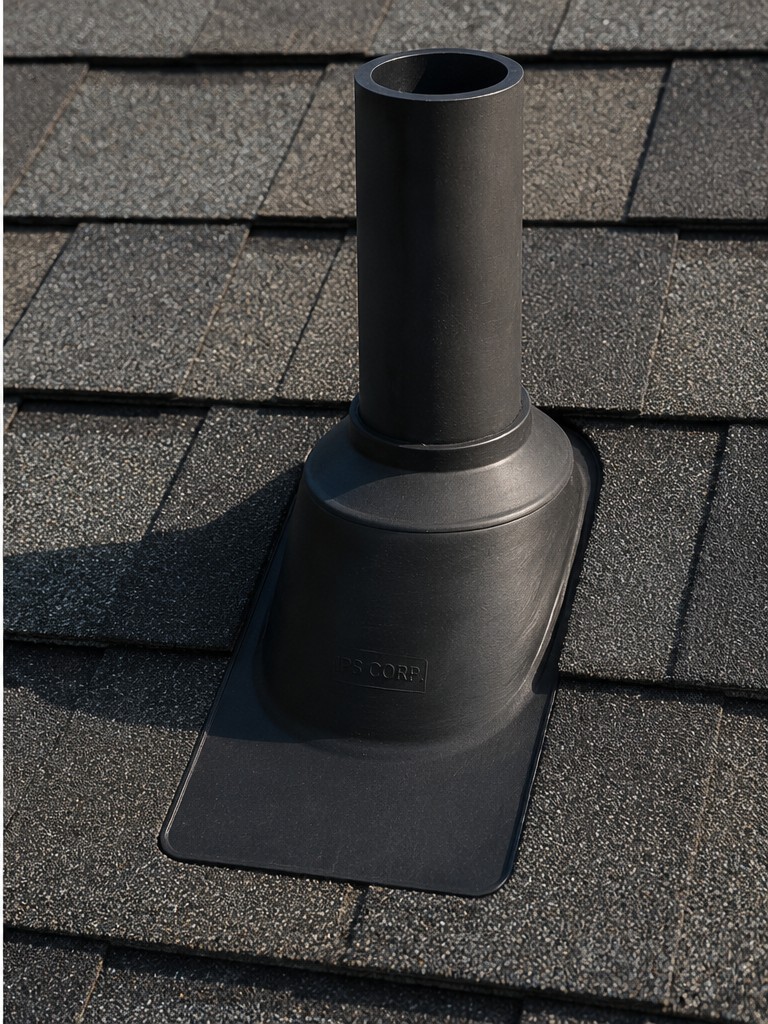 Detail of a properly sealed pipe boot vent flashing on a finished shingle roof — project case study in Plainfield, IL