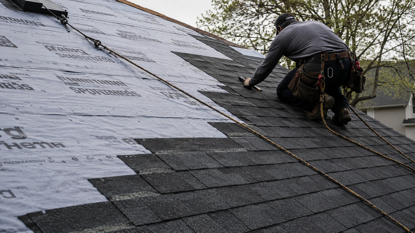 Roofing crew member installing dimensional asphalt shingles on a residential roof deck in Wheaton, IL