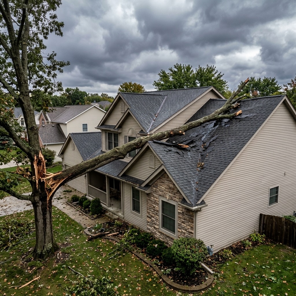 Tree branch impact damage on residential roof