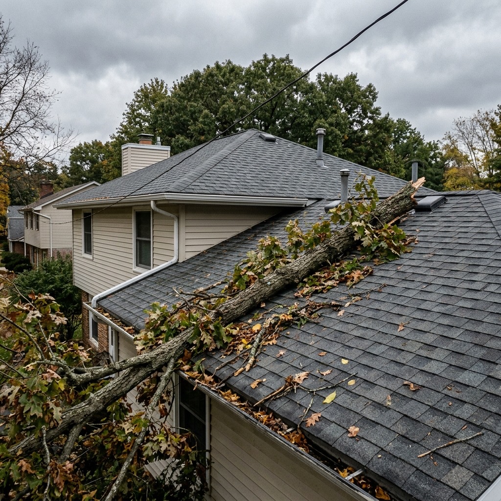 Storm debris and tree branch on residential roof