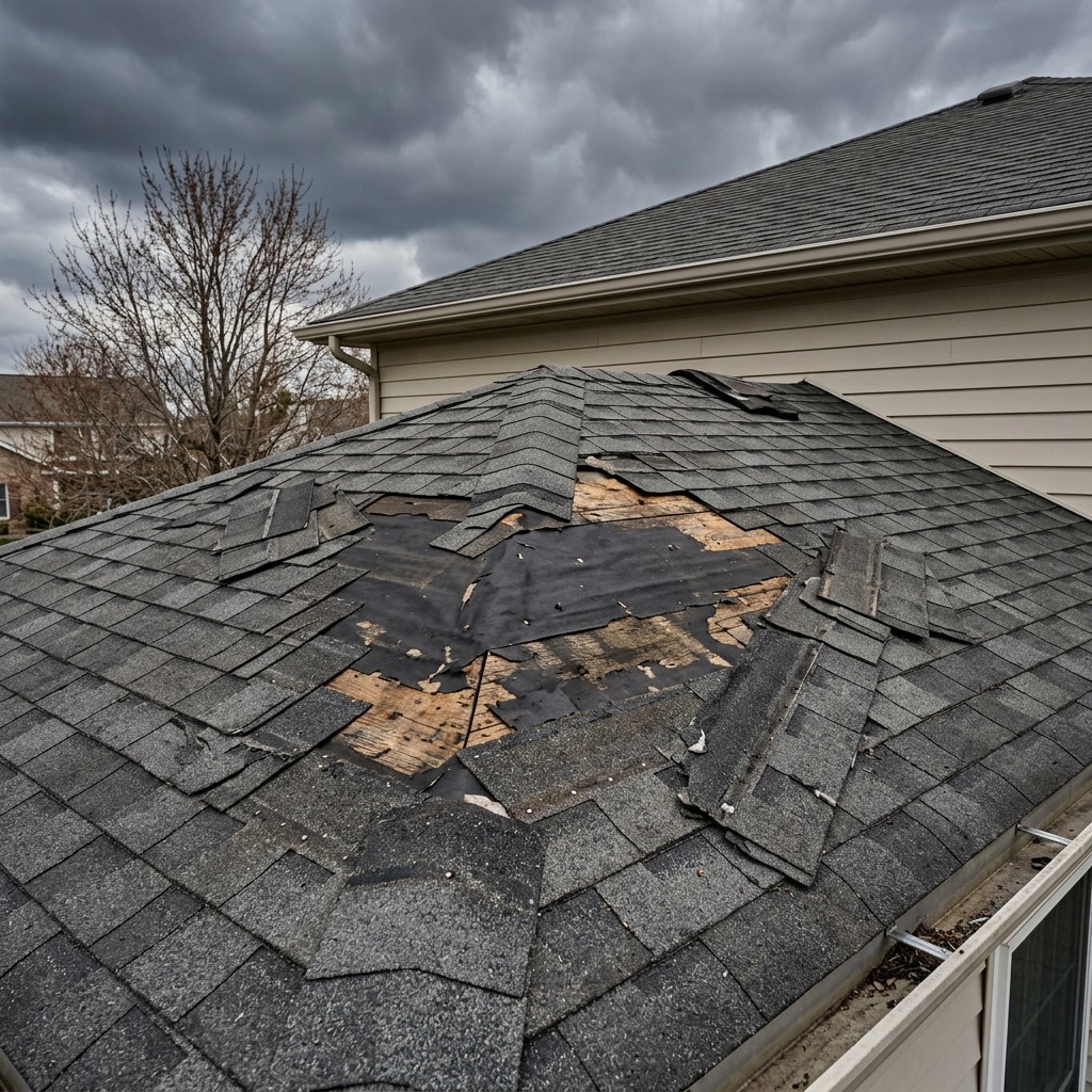 Wind damage to residential roof shingles
